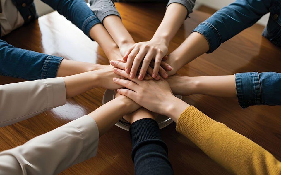 A team with their hands stacked together in a circle.